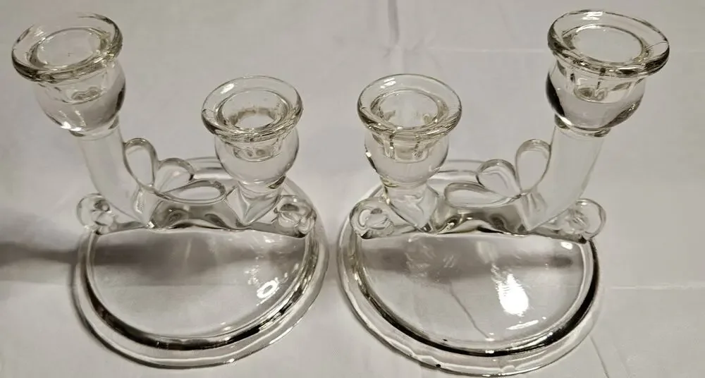 Vintage Clear Pressed Glass Double Taper Candle Holders Pair Heart Candelabra
